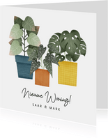 Hippe verhuiskaart met planten en tekst 'Nieuwe Woning!'