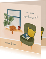 Hippe verhuiskaart met raam en stoel 'Wij zijn verhuisd'