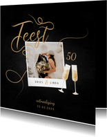 Jubileumkaart feest champagne met foto en gouden linten