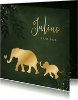 Jungle geboortekaartje jongen met gouden silhouet olifant