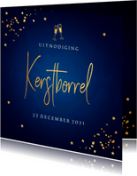 Kerstborrel uitnodiging blauw goudlook confetti