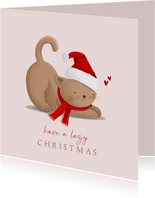 Kerstkaart bruinrode kat met kerstmuts