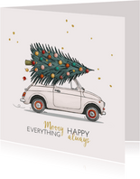 Kerstkaart Fiat 500 wit met kerstboom