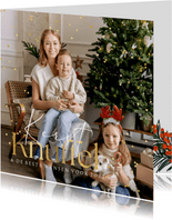 Kerstkaart fotokaart kerstknuffel hartjesconfetti goud