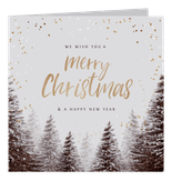 Kerstkaart goudlook confetti kerstbomen winter