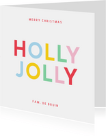 Kerstkaart holly jolly met regenboog typografie