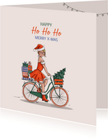 Kerstkaart kerstvrouw op fiets