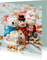 Kerstkaart met de kerstman, een beer en een sneeuwpop