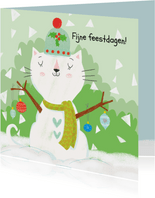 Kerstkaart met een sneeuwkat pop