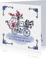 Kerstkaart met kerstman en rendier op de fiets