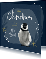 Kerstkaart pinguïn illustratie winter goud sterren