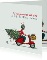 Kerstkaart Vespa scooter met kerstboom