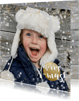 Kerstkaart vierkant met goud en witte confetti en grote foto