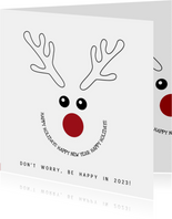 Kerstkaart zwart-wit met grappige illustratie rendier 2023