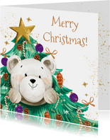 KiKa kerstkaart met beer verkleed als kerstboom