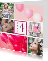 Kinderfeestje uitnodiging met 6 foto's roze