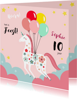 Kinderfeestje unicorn met bloemen en ballonnen uitnodiging