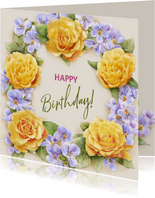 Kleurige verjaardagskaart met krans van gele rozen