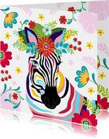 Kleurrijke zebra met bloementooi verjaardagskaart