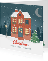 Knusse kerstkaart met illustratie van een versierd huis
