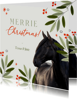 Leuke kerstkaart merrie christmas met paard en bladeren