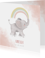 Lief geboortekaartje meisje olifant, regenboog en waterverf