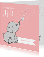 Lief geboortekaartje met olifantje en wensbloem meisje