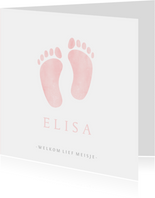 Lief geboortekaartje met roze waterverf baby voetjes