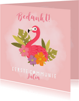 Lieve bedankkaart communie met flamingo, plantjes en bloemen