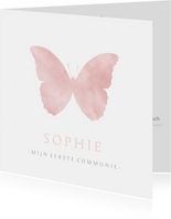 Lieve communiekaart met een roze silhouet van een vlinder