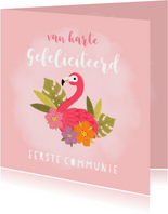 Lieve felicitatie communie met flamingo, plantjes en bloemen
