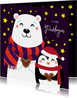 Lieve kerstkaart met ijsbeer en pinguïn