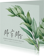 Mr and Mrs trouwkaart botanisch groen bladeren stijlvol