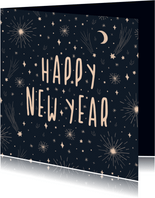Neujahrskarte Happy New Year Sterne und Feuerwerk