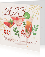 Nieuwjaarskaart cocktails en vuurwerk cheers 2023