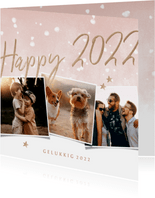 Nieuwjaarskaart happy 2022 met 3 foto's en waterverf sneeuw