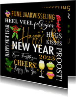 Nieuwjaarskaart met teksten. takjes, gebak champagne
