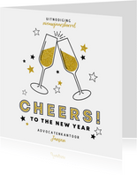 Nieuwjaarskaart uitnodiging borrel champagne en sterren