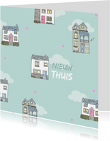 Pastel schattige verhuiskaart met huisjes patroon