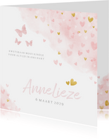 Rouwkaartje met roze en gouden hartjes voor een meisje