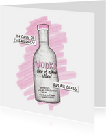 Roze kaart for a bad day met illustratie van een fles wodka