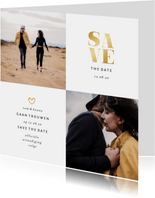 Save the date kaart gouden accenten met foto's vierkant