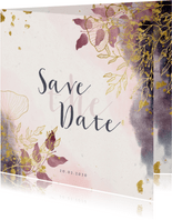 Save the Date kaart stijlvol met waterverf en gouden bloemen