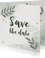 Save-the-Date-Karte Hochzeit mit Foto, Zweigen und Herzen