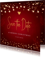 Save the Date kerstkaart rood lampjes confetti goudlook