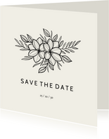 Save the date zwarte lijntekening van bloemen aanpasbaar