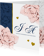 Stijlvolle en originele trouwkaart in navyblue en rozen