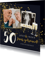 Stijlvolle jubileumkaart goud champagne hartjes confetti