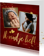 Stijlvolle rode moederdagkaart fotocollage met 2 foto’s