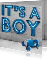Stoere Neon Geboortekaart met auto voor jongen